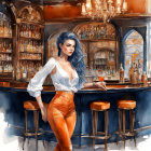 Woman with Blue Hair Leaning on Bar with Drink