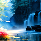 Colorful fantasy landscape with waterfalls, greenery, lake, and blue sky