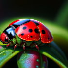 Vibrant red ladybug with black spots on green leaf with water droplets