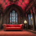 Luxurious Gothic-style room with red velvet sofa, stained glass windows, hanging lanterns, and pattern