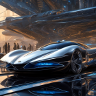 Sleek futuristic car at spaceport with spaceships and people in warm light