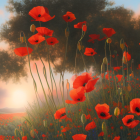 Tranquil countryside sunset with vibrant poppies and orange sky