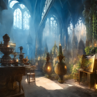 Enchanted sunlit chamber with ornate objects and lush greenery