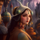 Whimsical fantasy illustration of woman with elaborate headdress in colorful town