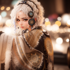 White Curly-Haired Person in Steampunk Outfit with Cogwheel Accessories on Bokeh