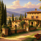 Tuscan landscape: rolling hills, villa, cypress trees, flowers, golden sky