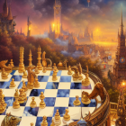 Golden-white and traditional chess pieces on ornate board in fantasy landscape