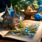 Miniature fantasy house on storybook with blue roofs and magical elements