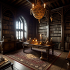 Opulent candlelit library with towering bookshelves and antique furnishings