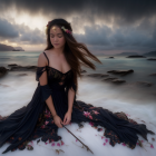 Woman in Blue Dress Sitting on Turbulent Sea Waves in Stormy Sky