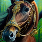 Majestic brown horse with golden tack in lush forest.