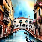 Venetian canal watercolor painting with gondolas, bridge, and colorful buildings.