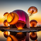 Surreal landscape: Glowing jellyfish structures, twilight sky