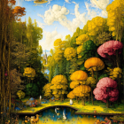 Tranquil forest scene with yellow trees, river, and clear sky