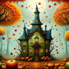 Whimsical Green House in Autumn Fantasy Scene