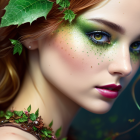 Portrait of woman with ivy-themed makeup and green eyeshadow