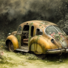 Vintage Volkswagen Beetle covered in vines and flowers in a whimsical garden