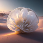 Surreal landscape with shell-like structure and sand dunes at twilight