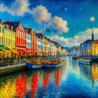 Colorful canal scene with boats and houses under blue sky