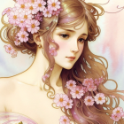 Serene woman with flowing hair and pink flowers in a cherry blossom setting