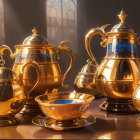 Intricately designed golden teapot set in warm, amber-lit room