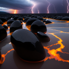 Vivid Twilight Beach Scene: Smooth Stones, Orange Reflections