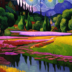 Colorful landscape painting: swirling sky, vibrant fields, reflective water, illuminated houses at night