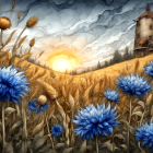 Rustic windmill in golden wheat field with blue flowers and dramatic sunset sky