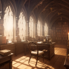 Medieval library with towering bookshelves and gothic windows