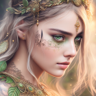 Detailed Female Illustration with Golden Jewelry, Leaf Tattoos, and Green Eyes