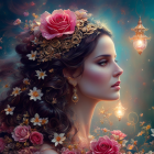 Fantasy illustration: Girl with flowers in hair, glowing lanterns, dreamy atmosphere