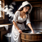 Historical woman washing clothes in rustic wooden room