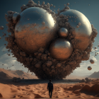 Heart-shaped metallic structure hovers in desert with floating debris and solitary figure.