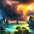 Vibrant tropical landscape with fiery sunset sky and turquoise waters