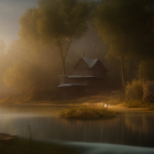 Quaint Thatched-Roof Cottages by Serene Lake