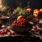 Rustic still life with cherry tomatoes, grapes, oranges, and pomegranate seeds