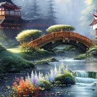 Tranquil fantasy landscape: ornate wooden houses, arched bridge, lush vegetation.