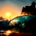 Vivid ocean sunset with curling wave, palm tree silhouettes, and birds in dramatic sky