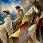 Three elegant women in floral dresses and hats against cityscape backdrop.