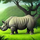 Prominent rhinoceros in lush green jungle with birds under hazy sky