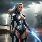 Female warrior digital art: futuristic armor, glowing sword, stormy sky.