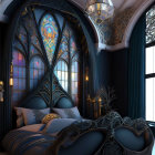 Luxurious Gothic bedroom with dark bed, peacock motifs, lanterns in blue & gold