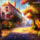 Woman in dress strolls cobblestone street under starry sky