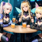 Futuristic anime-style female characters with mechanical wings at a bar