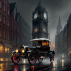 Vintage red cars and pedestrians in historic cityscape on a rainy evening