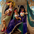 Three women in historical pirate-inspired attire posing confidently on a ship with ornate, golden wheel and n