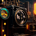 Detailed 3D illustration of mechanical setup with Bitcoin logo amidst glowing tubes, gears, and dials