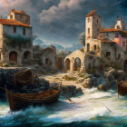 Whimsical fantasy landscape with floating castle-like structures and celestial sky