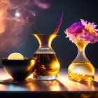 Ethereal still-life with golden liquids in elegant glassware