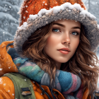 Curly-haired woman in fur-lined hat and colorful scarf in snowy landscape